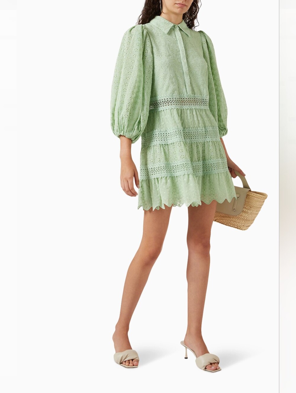 Alice + Olivia Blakesley Mini  Eyelet Tiered Mini Dress Women's 14 Puff Sleeves
